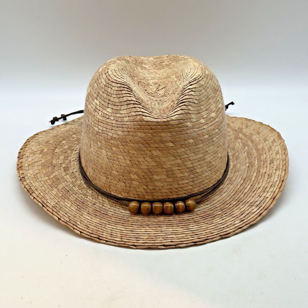 AM Woven Palm Leaf Fedora Hat Men's OSFM Beaded Hatband Panama Vacation Headwear